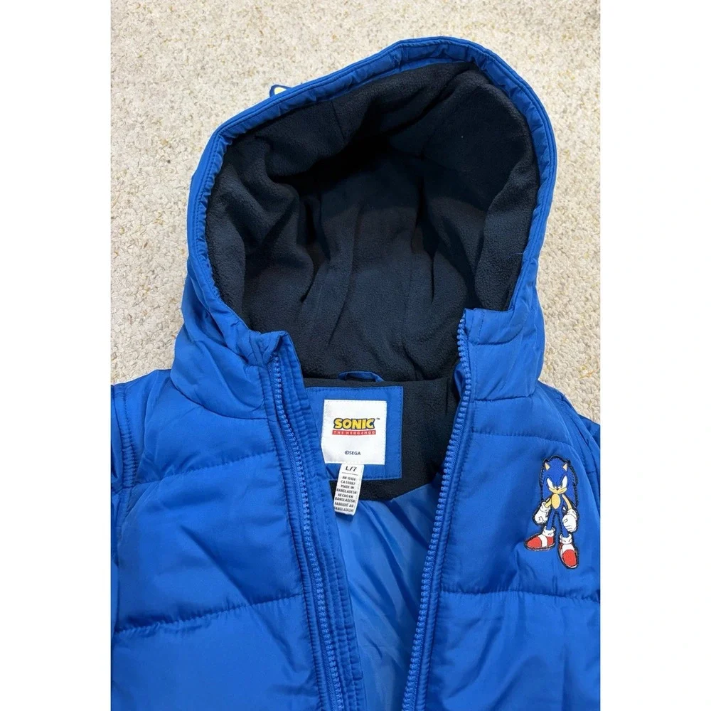 Sonic The Hedgehog Puffer Jacket Kids L/7 Blue Hooded Coat Sega Gamer Outdoor